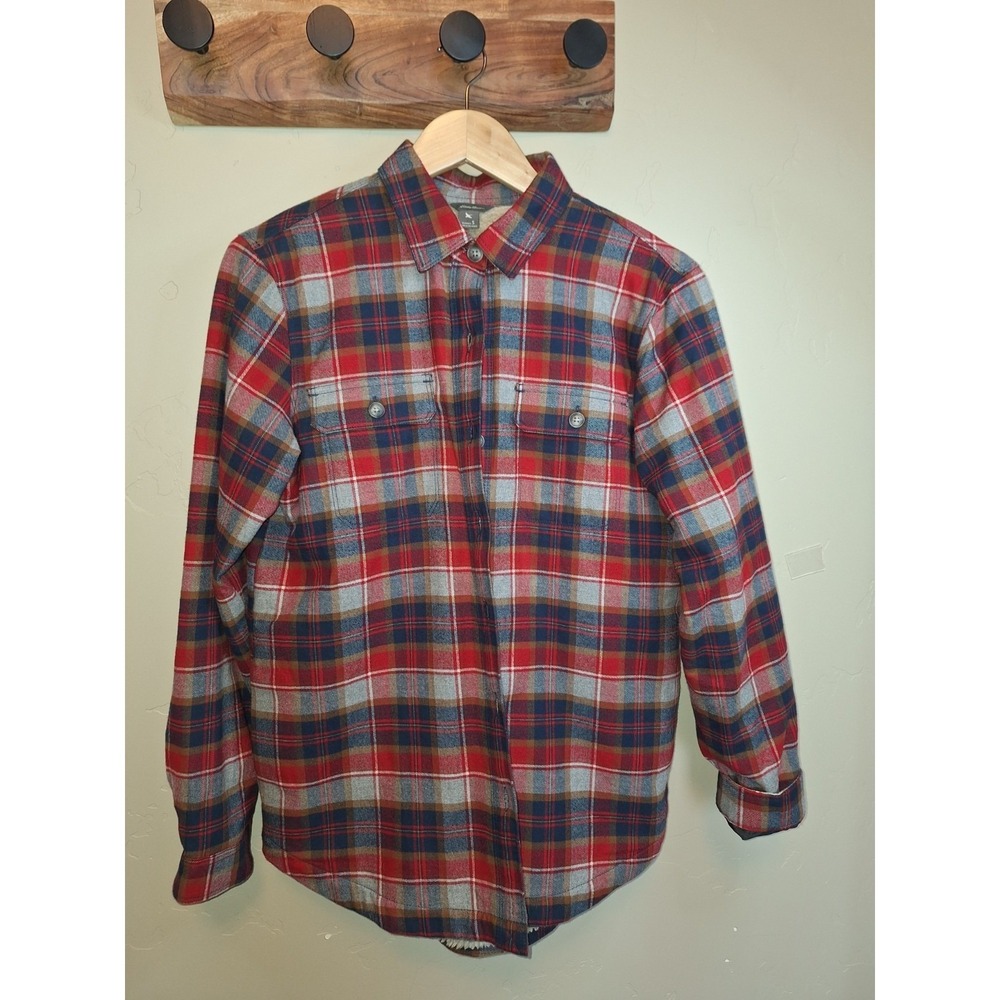 Eddie Bauer Flannel Shirt Jacket L Plaid Fleece Lined Button Shacket Pockets